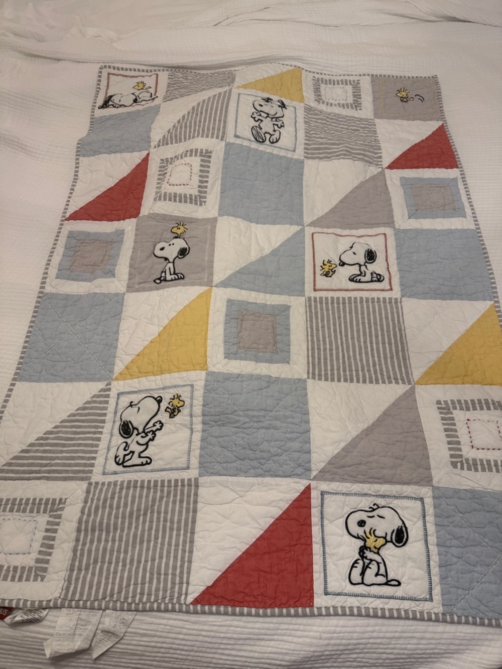 Pottery Barn Kids Snoopy Patchwork toddler Quilt - Gray, Yellow, Red, White